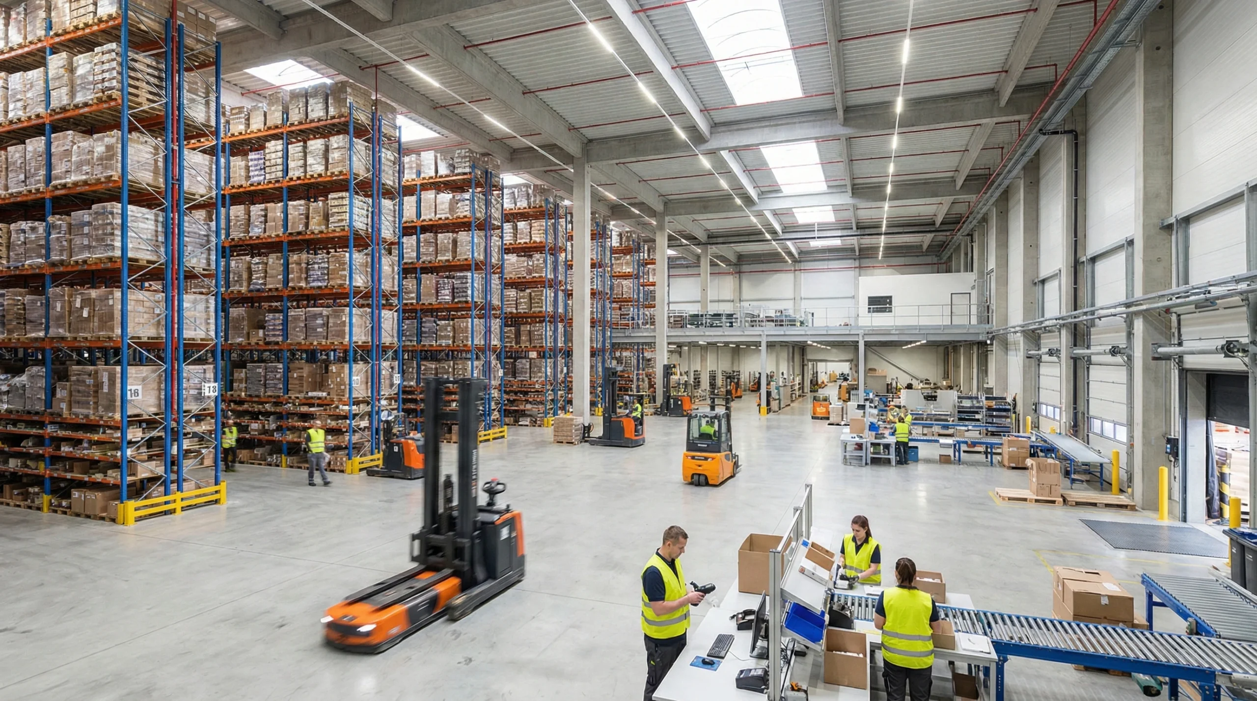 Modern warehouse with digital technology overlay